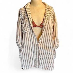 Urban Outfitters Oversized Cream & Brown Striped Button-up Shirt w Pockets